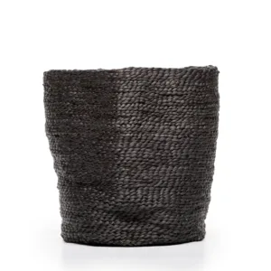 Black woven seagrass storage basket with cylindrical shape