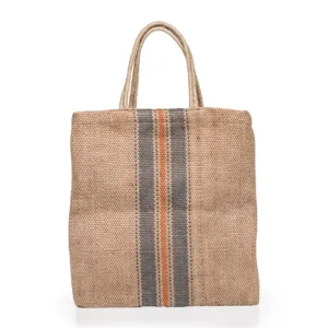 Beige woven tote bag with striped detail