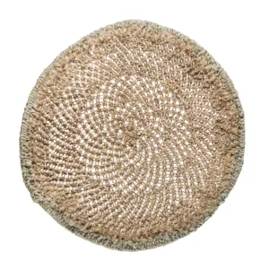 Beige round textured area rug, overhead view