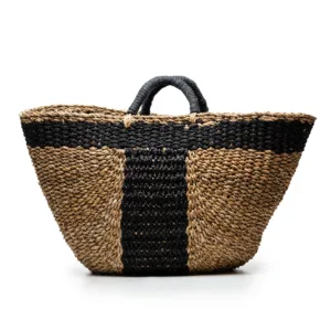 Natural woven basket with black and tan stripe detail