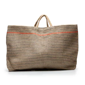 Woven jute beach tote bag with red stripe detail