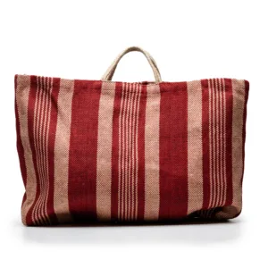 Red and cream striped woven tote bag with handles