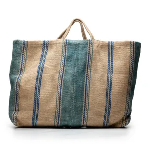 Striped woven tote bag with blue and natural tan colours