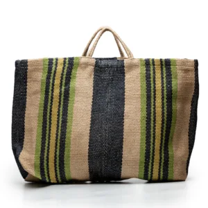 Woven striped tote bag with navy, green and yellow stripes