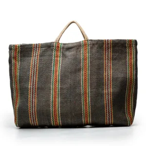 Charcoal woven tote bag with colourful striped pattern