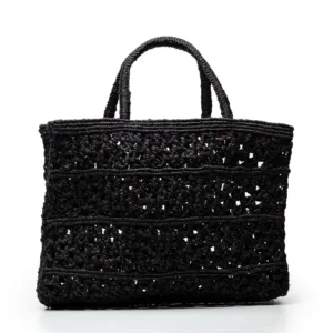 Black woven crochet tote bag with open mesh pattern