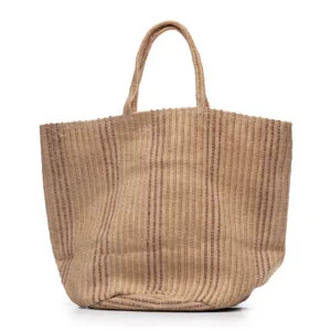 Beige woven tote bag with dual handles isolated