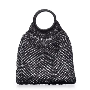Black crocheted mesh handbag with circular handles