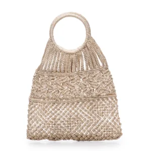 Beige crochet macramé handbag with structured handles