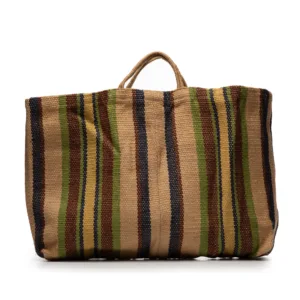Woven striped tote bag with natural fibre handles