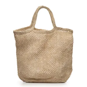 Beige woven mesh tote bag with handles