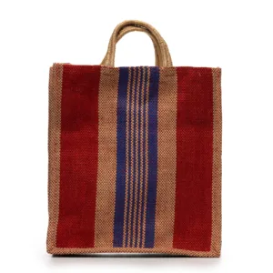 Woven tote bag with red, navy and tan striped pattern