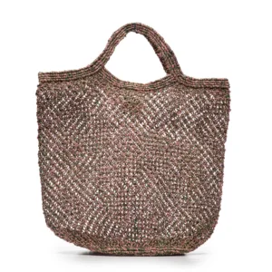 Brown woven mesh tote bag with handles