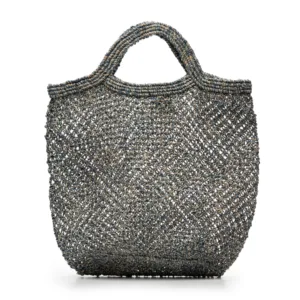Woven straw tote bag with handles, grey and natural colour