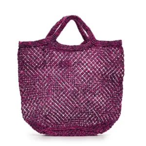 Magenta crochet mesh tote bag with handles