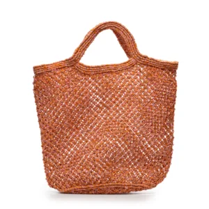 Terracotta woven mesh tote bag with handles