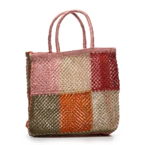 Colourful woven mesh tote bag with pink and orange panels