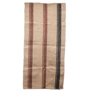 Striped woven textile rug with burgundy and charcoal stripes