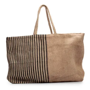 Beige and black striped woven tote bag with handles
