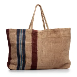 Woven tote bag with navy and burgundy stripe details