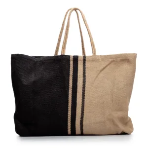Black and beige striped canvas tote bag with rope handles