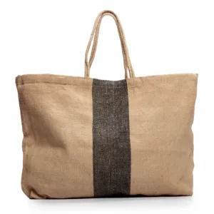Beige and black striped canvas tote bag with handles