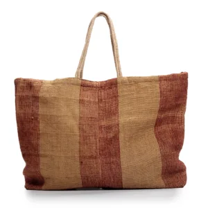Woven tote bag with rust and tan vertical stripes