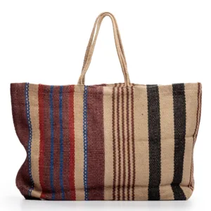 Woven striped tote bag with natural jute handles