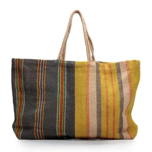 Woven tote bag with colourful striped pattern and handles