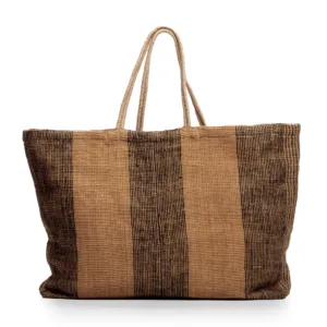 Woven striped tote bag with dual handles in brown