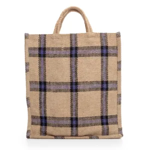Beige woven tote bag with navy blue tartan pattern
