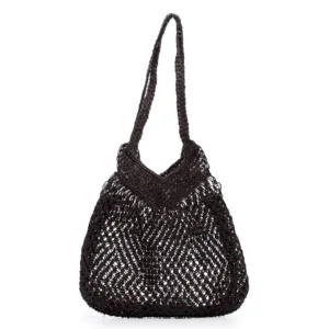 Black crocheted shoulder bag with open weave pattern
