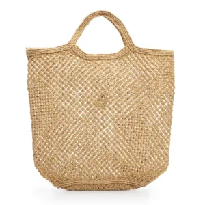 Beige crocheted mesh tote bag with handles