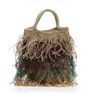 Fringed woven tote bag with natural fibre handles