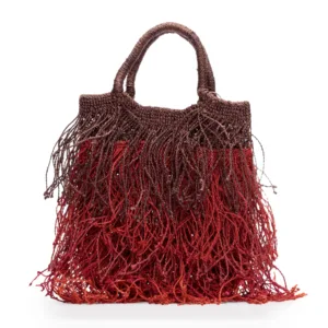 Brown and red macramé fringed handbag with handles