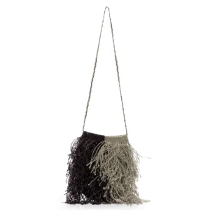 Black and cream fringed shoulder bag with twisted rope strap