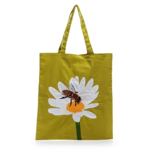 Olive green tote bag with white daisy and bee design