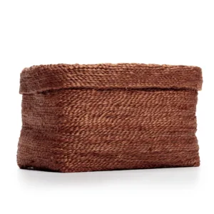 Woven brown seagrass storage basket with folded rim