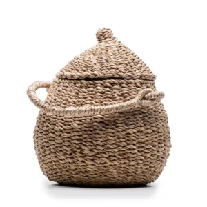 Woven wicker basket with lid and handles