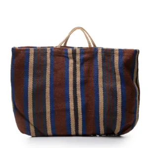 Striped woven tote bag with blue, brown, and cream colours