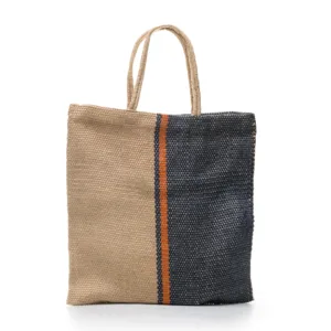 Natural jute and navy woven tote bag with orange stripe