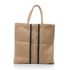Beige woven tote bag with black stripe detail