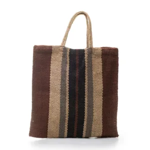 Brown woven tote bag with striped pattern and handles
