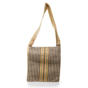 Woven shoulder bag with striped pattern and long straps