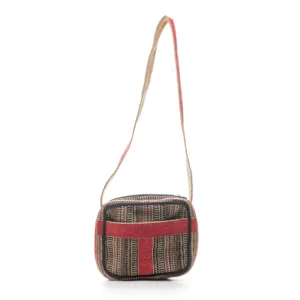 Woven shoulder bag with red and natural fabric straps