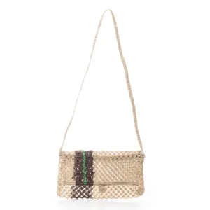 Natural woven straw shoulder bag with decorative beaded detail