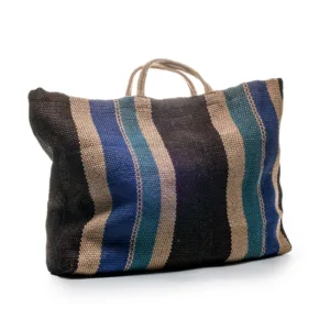 Striped woven tote bag with blue and charcoal stripes