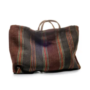 Woven striped tote bag with rope handles, earthy tones