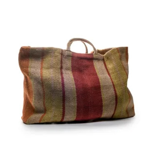 Woven tote bag with multicoloured striped pattern and handles