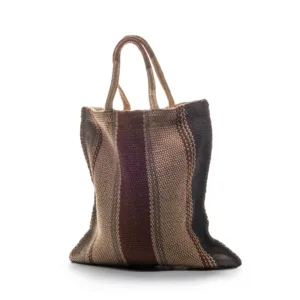Striped woven tote bag with dual handles, neutral colours